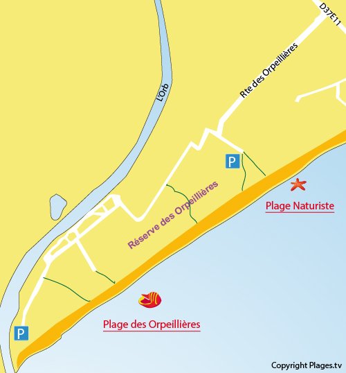 Carte de la plage des Orpellières à Sérignan