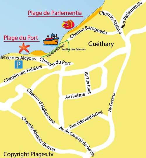 Map of Parlementia beach in Guéthary in France