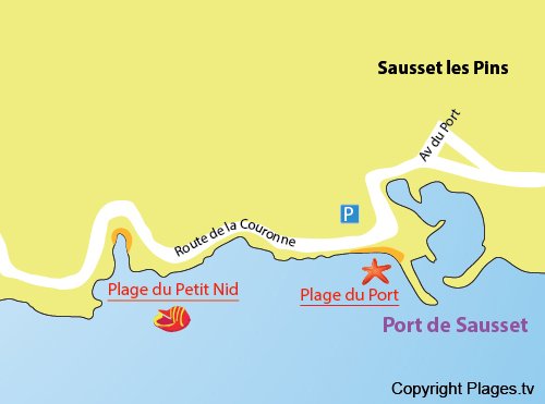 Map of Petit Nid Beach in Sausset les Pins