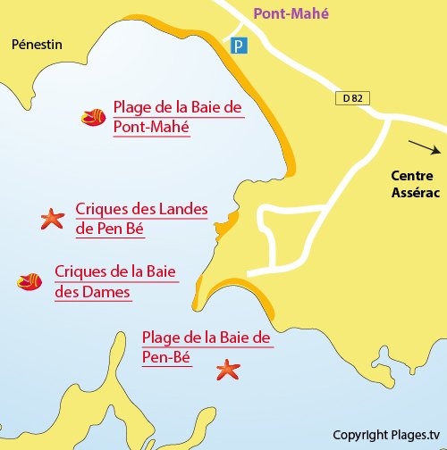 Map of Pont Mahé Beach in Assérac in France