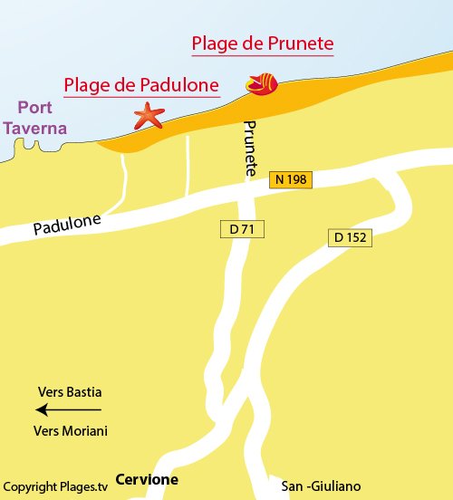 Map of Prunete Beach in Cervione - Corsica