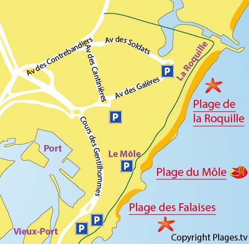 Map of the Roquille beach in Cape d'Agde