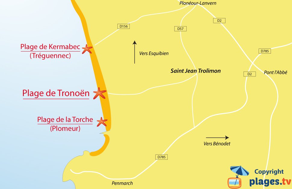 Plan des plages de Saint Jean Trolimon en Bretagne