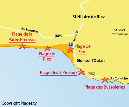 Map of Grande plage of Sion in St Hilaire de Riez