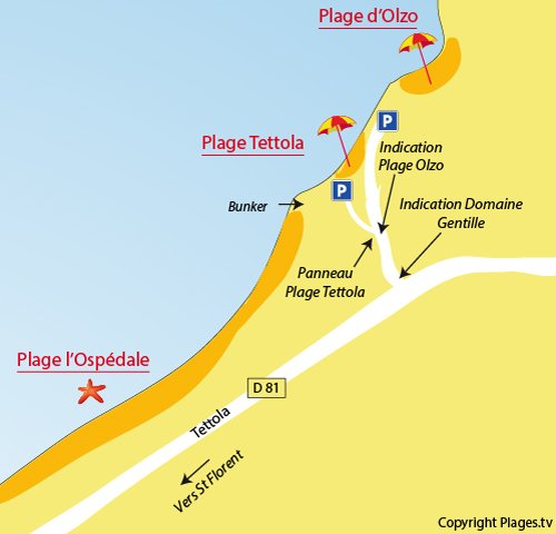 Carte de la plage de Tettola à St Florent - Corse