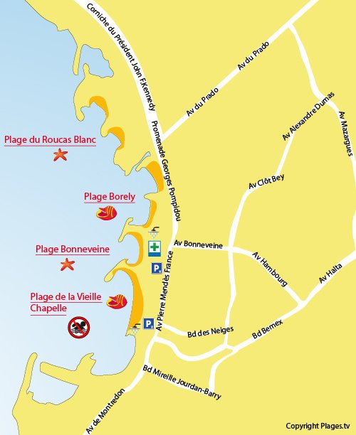 Carte de la plage de la vieille chapelle sur le prado à Marseille