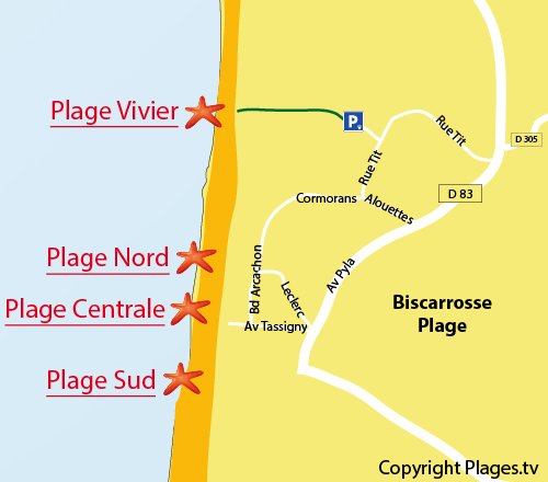 Plan de la plage du Vivier à Biscarrosse