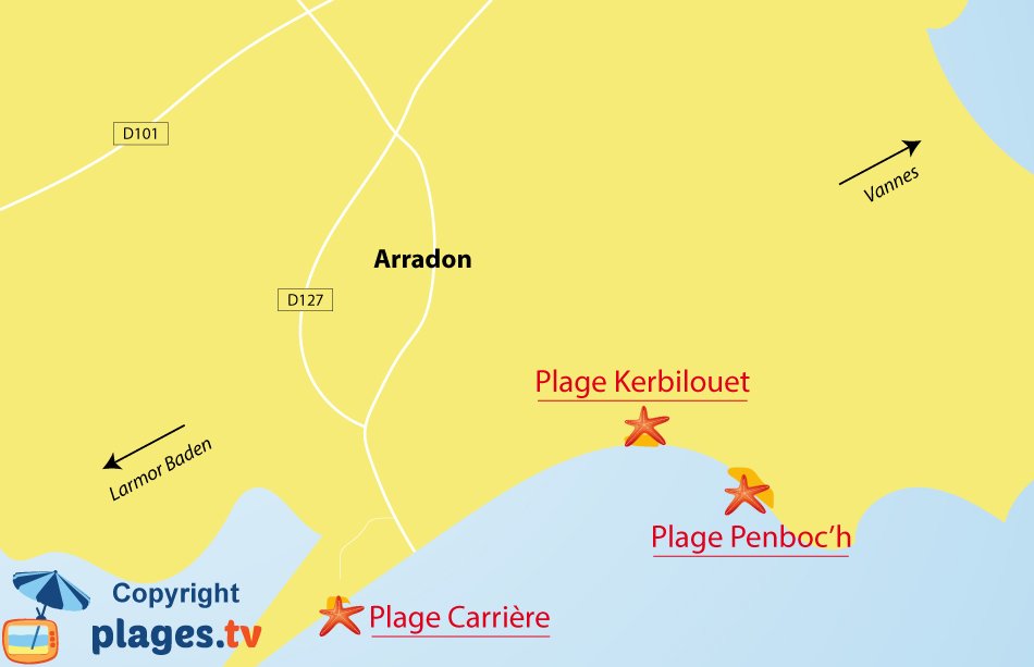 Plan des plages à Arradon dans le golfe du Morbihan