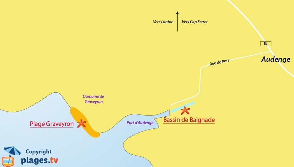 Plan des plages à Audenge sur le bassin d'Arcachon