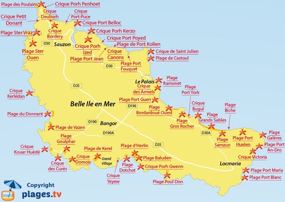 Plan des plages de Belle Ile en Mer - Bretagne