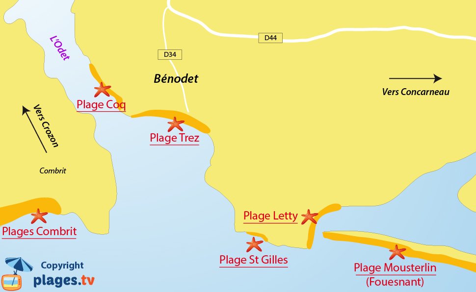 Plan des plages de Benodet en Bretagne