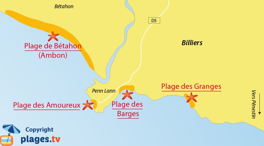 Plan des plages de Billiers en Bretagne