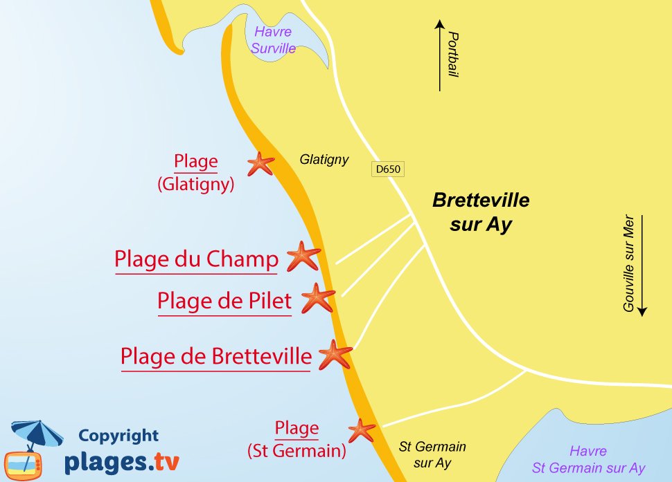 Plan des plages de Bretteville sur Ay dans la Manche