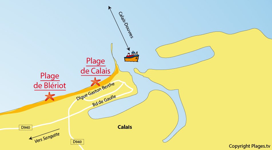 Plan des plages de Calais dans le Nord