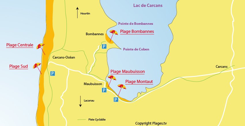 Carte des plages à Carcans - Océan et lac