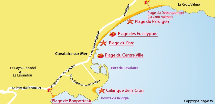 Carte des plages de Cavalaire sur Mer dans le Var