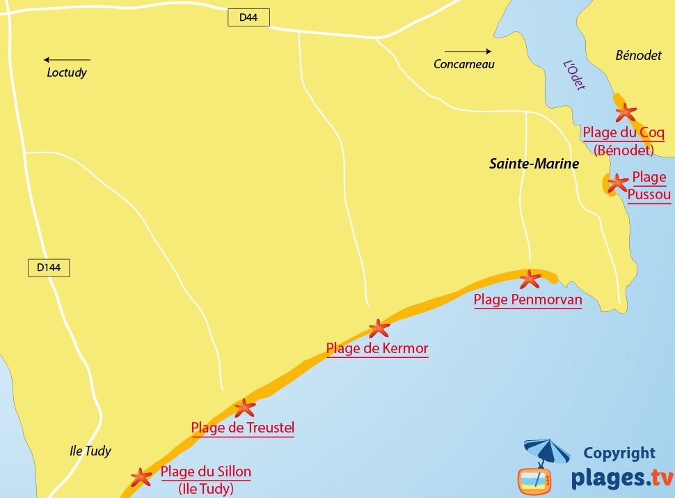 Plan des plages de Combrit et de Sainte Marime en Bretagne