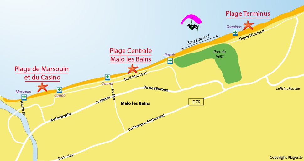 Plan des plages de Dunkerque - Malo les Bains