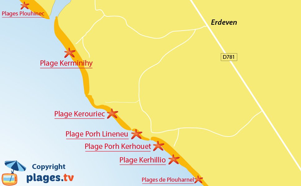 Plan des plages d'Erdeven en Bretagne