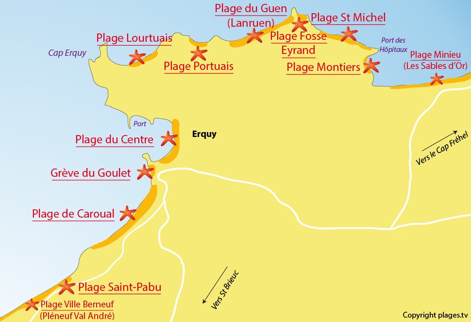 Plan des plages à Erquy en Bretagne