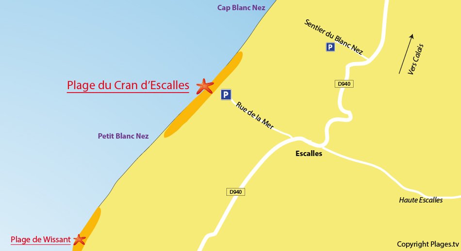 Plan des plages autour d'Escalles et du Cap Blanc