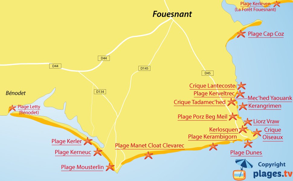 Plan des plages de Fouesnant en Bretagne