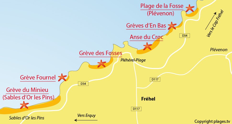 Plan des plages de Fréhel en Bretagne