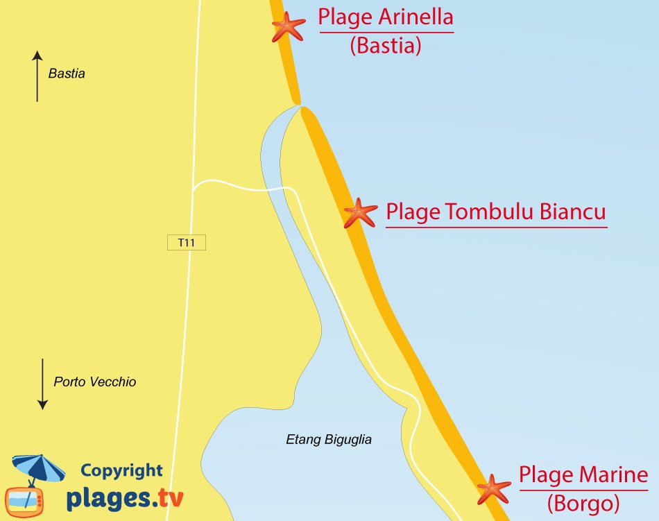 Plan des plages de Furiani en Corse