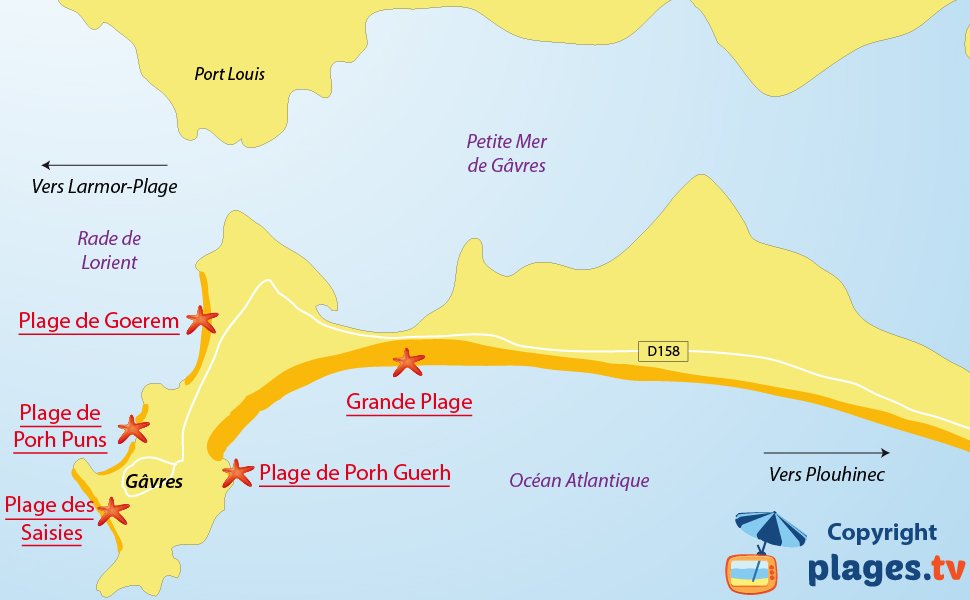 Plan des plages de Gavres en Bretagne