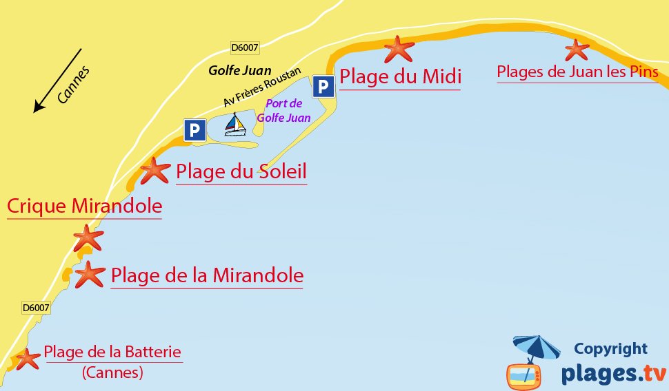 Plan des plages de Golfe Juan Vallauris