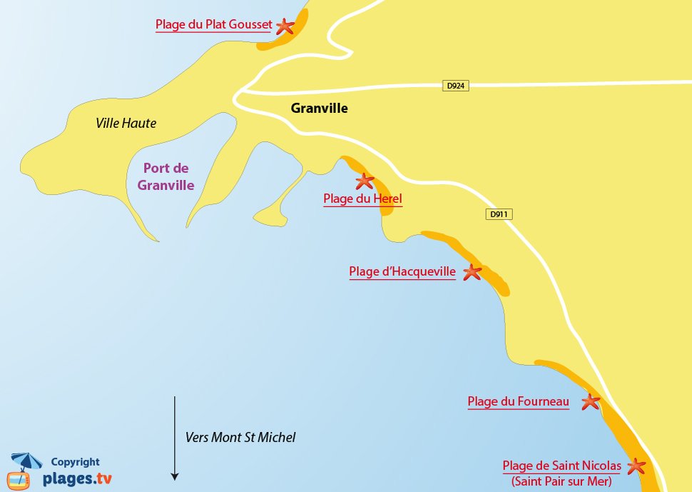 Plan des plages de Granville dans la Manche