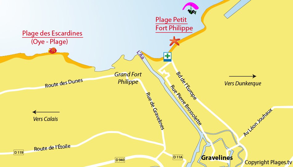 Plan des plages de Gravelines dans le Nord