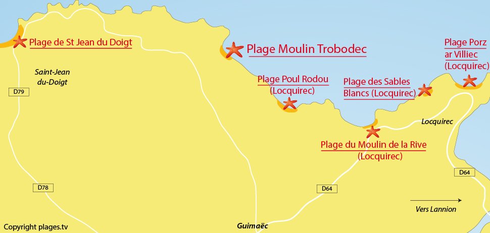 Plan des plages de Guimaec en Bretagne