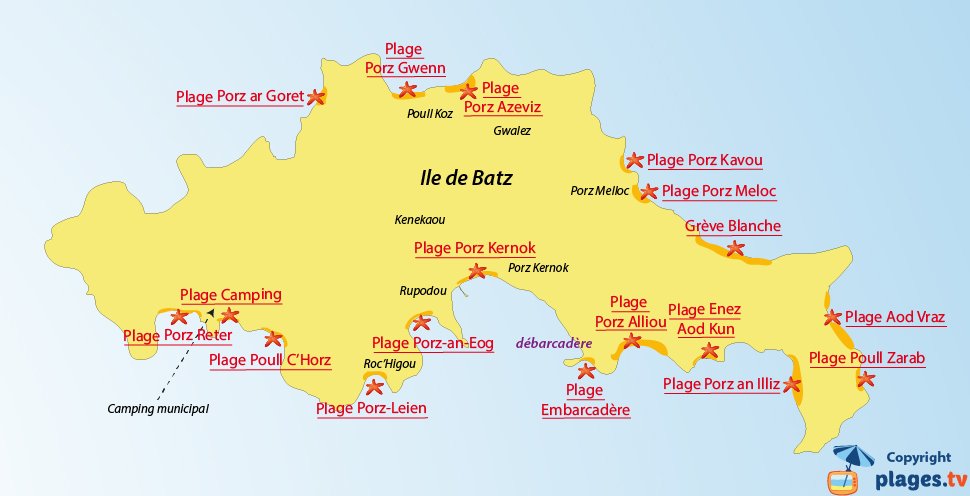 Plan des plages de l'ile de Batz en Bretagne