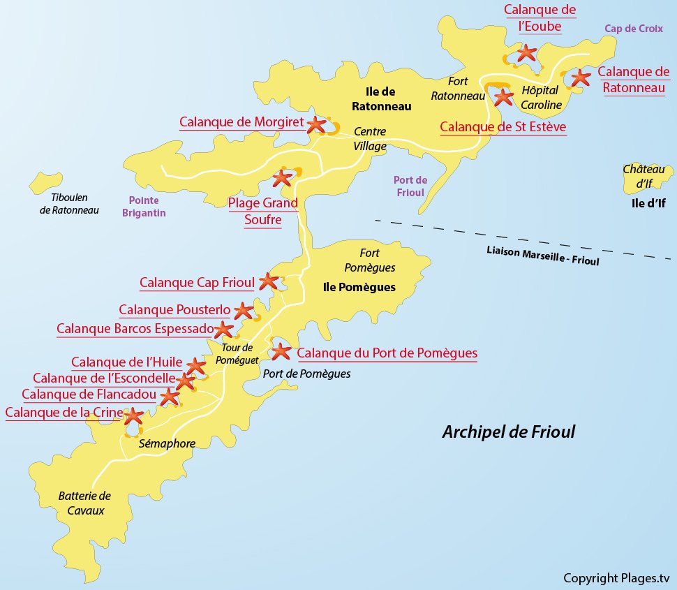 Plan des plages sur les iles de Frioul - Marseille