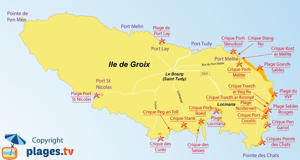 Plan des plages de l'ile de Groix en Bretagne