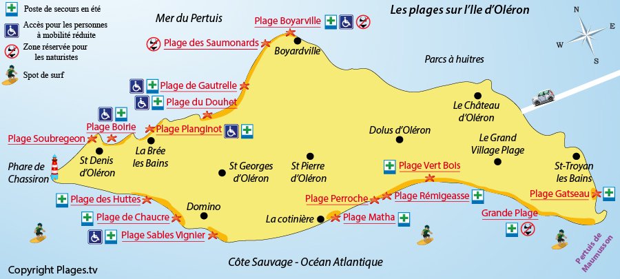 Map of Oléron beaches in France