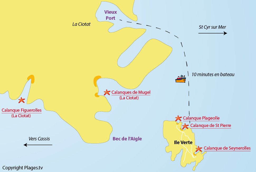 Plan des plages et des calanques de l'ile verte - La Ciotat