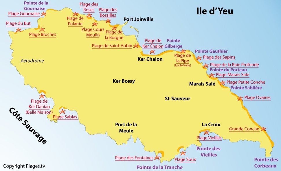 Plan des plages sur l'ile d'Yeu - Vendée