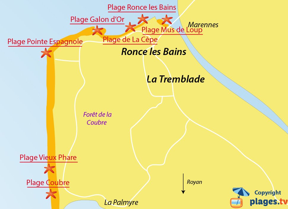 Plan des plages de La Tremblade et de Ronce les Bains