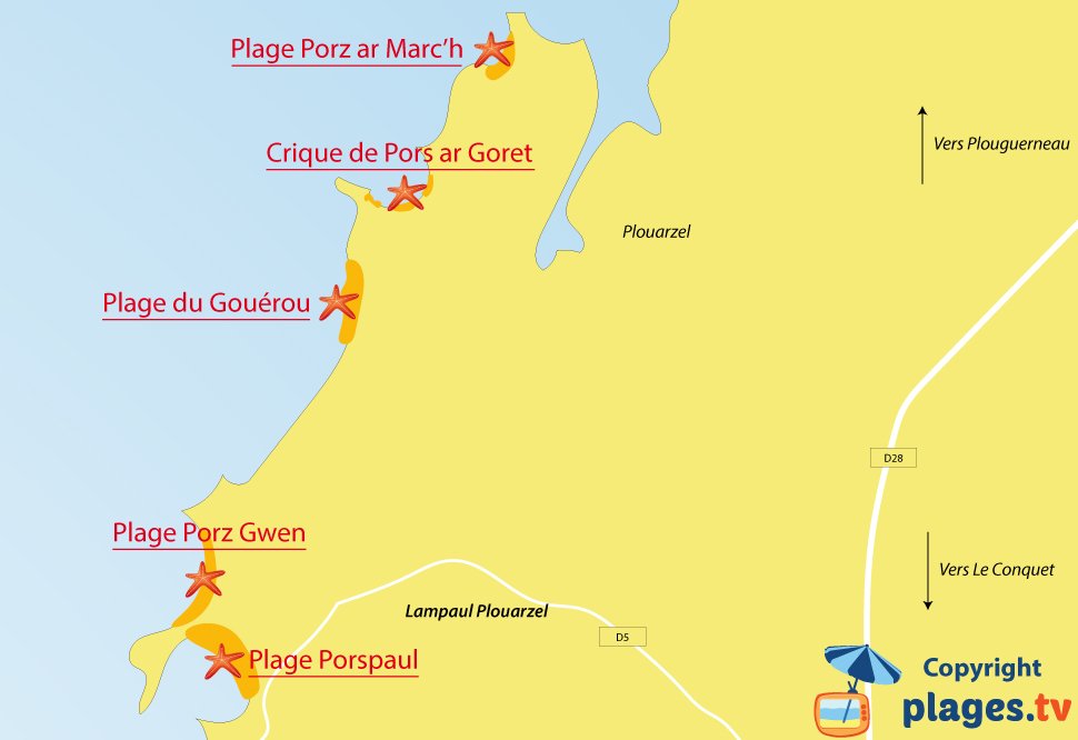 Plan des plages de Lampaul Plouarzel en Bretagne