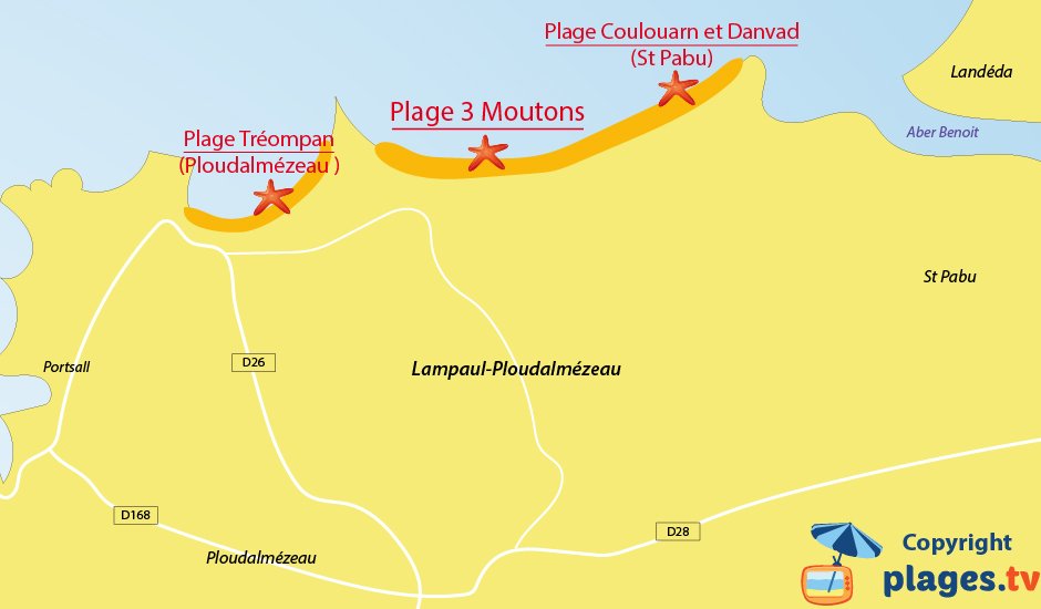 Plan des plages de Lampaul Ploudalmézeau  en Bretagne