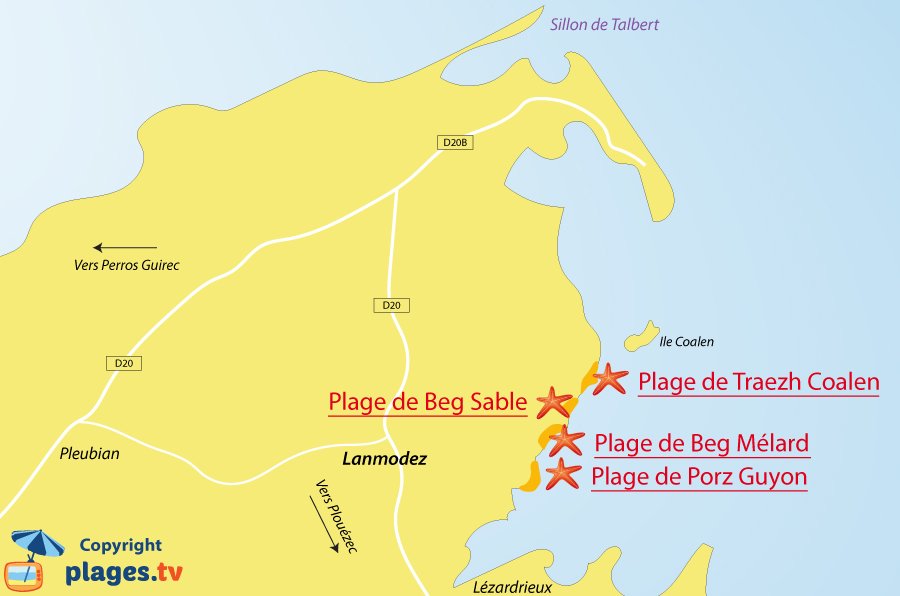 Plan des plages de Lanmodez en Bretagne