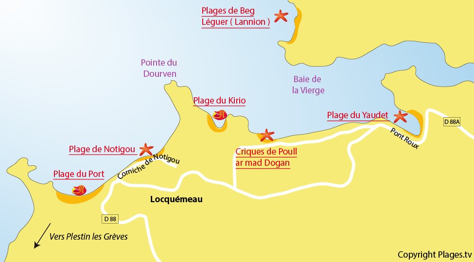 Plan des plages de Locquémeau en Bretagne