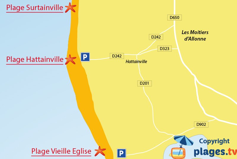 Plan des plages de Moitiers d'Allonne en Normandie