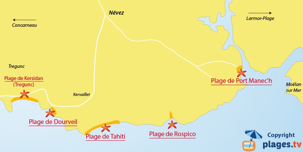 Plan des plages de Nevez en Bretagne