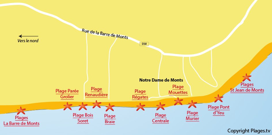 Plan des plages de Notre Dame de Monts en Vendée