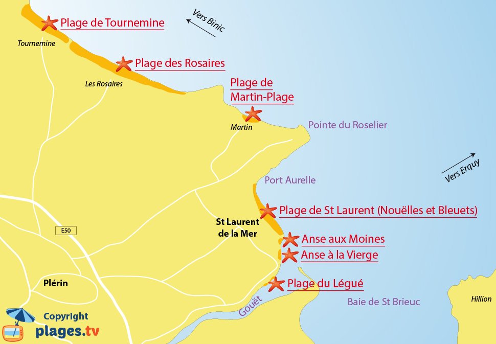 Plan des plages de Plérin en Bretagne