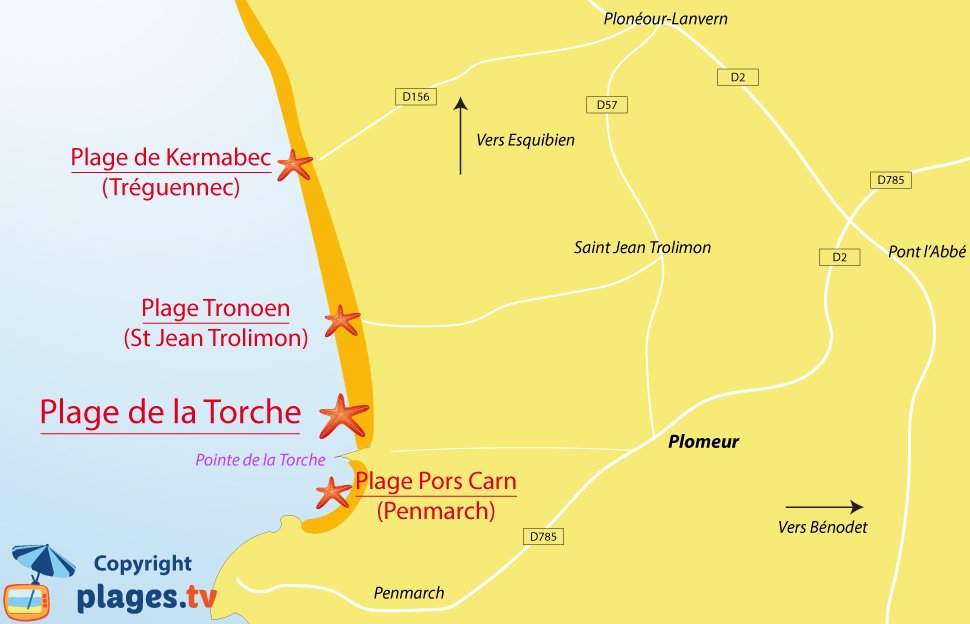 Plan des plages de Plomeur en Bretagne