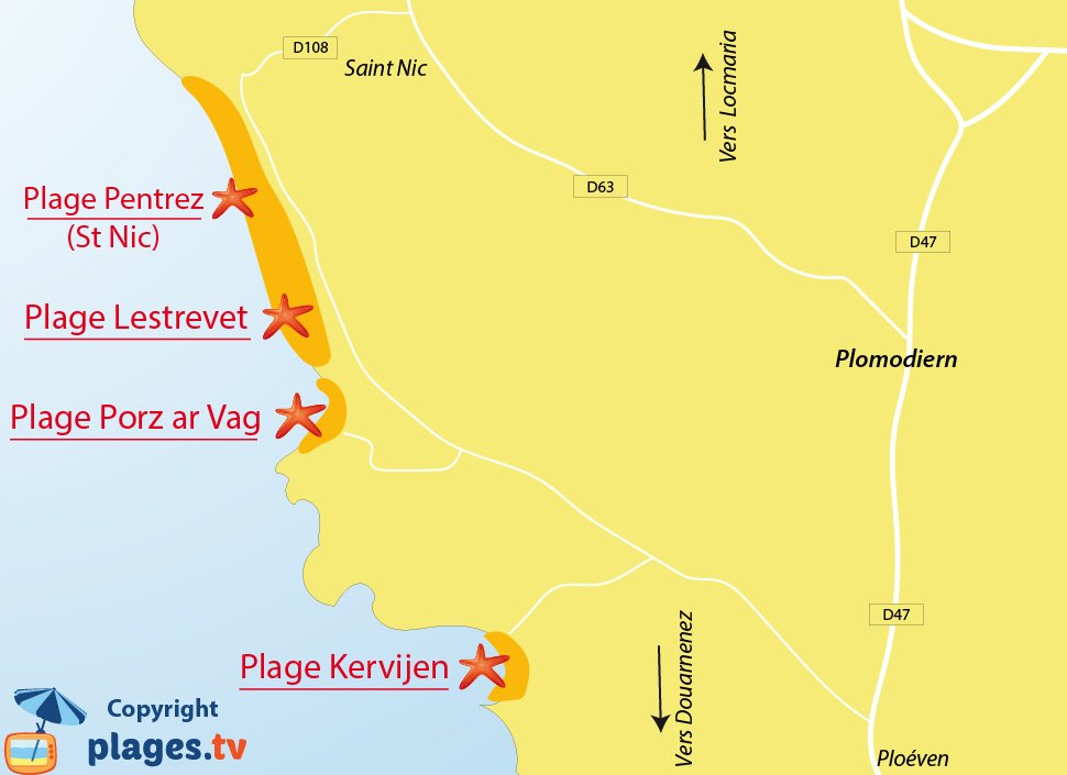 Plan des plages de Plomodiern en Bretagne dans le Finistère